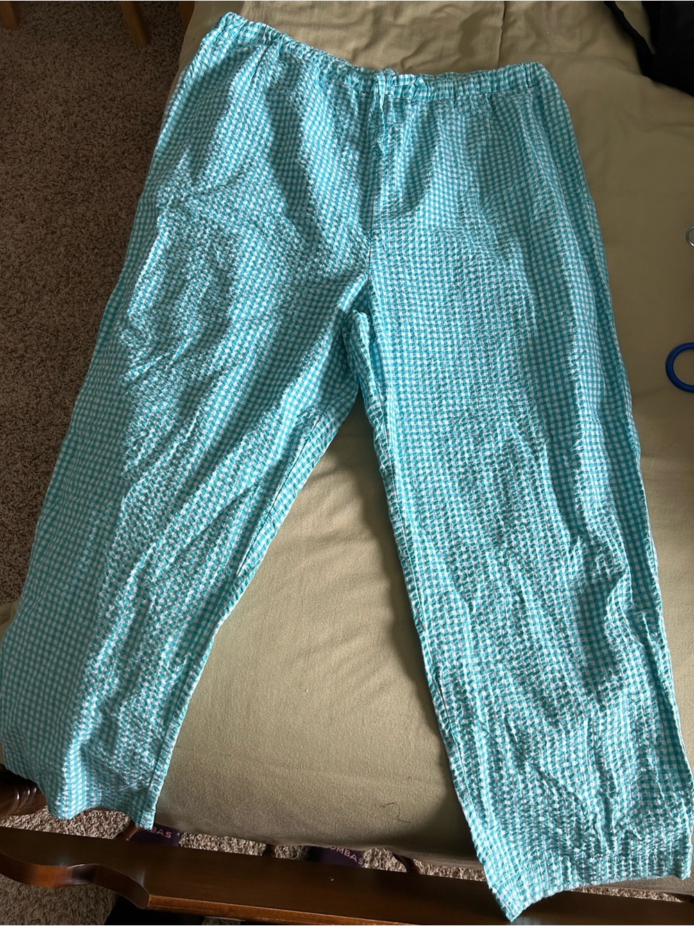 Hanna Andersson Turquoise and White Gingham Seersucker Pants